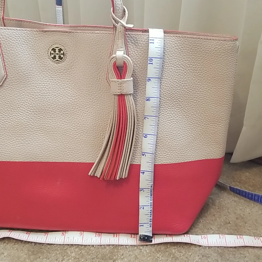 Tory Burch Two-Tone Cream and Coral Leather Tote with Tassel